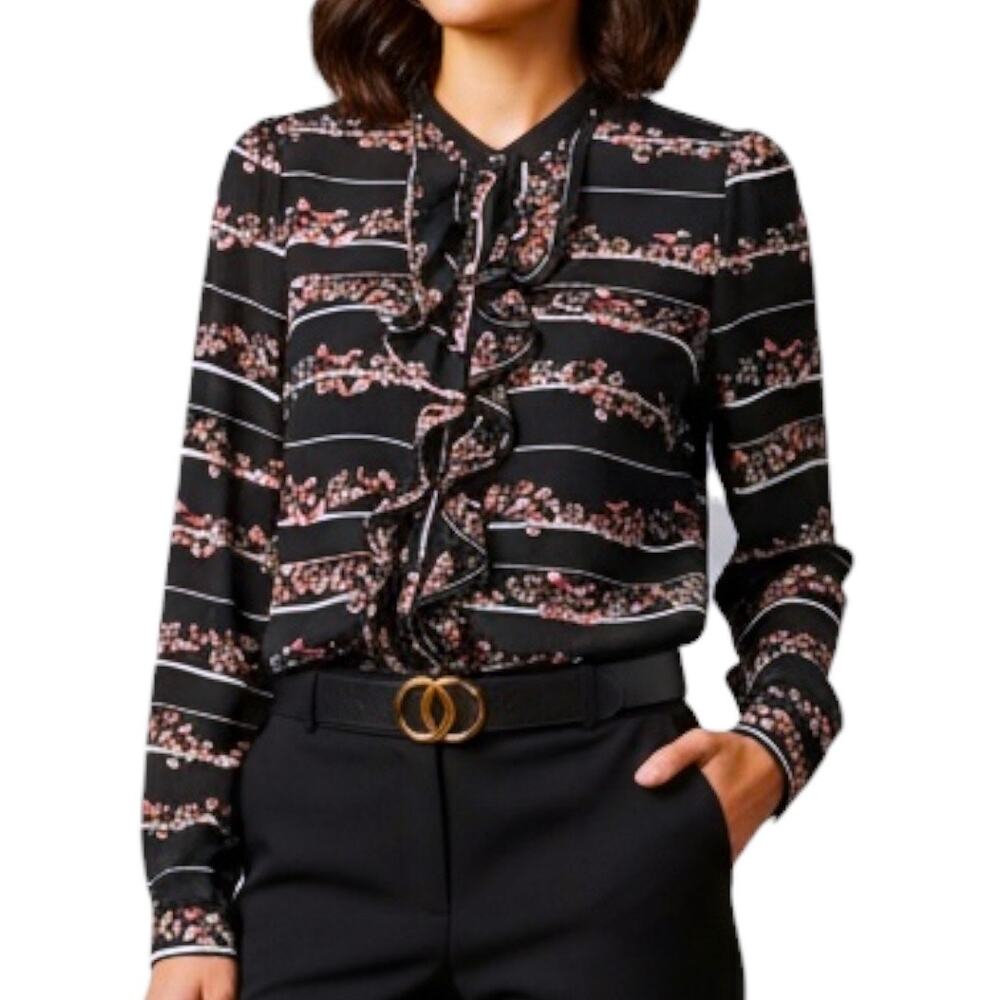 Worthington Blouse Women's Size S Floral Birds Print Long Sleeve Ruffle Career‎